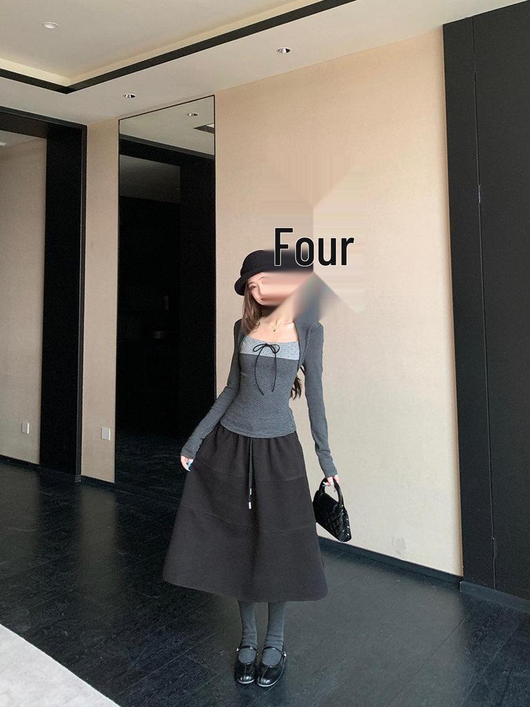 Korean Style Striped Spliced Two-Piece: Women's Winter Cotton T-Shirt & Black Woollen Midi Skirt Set