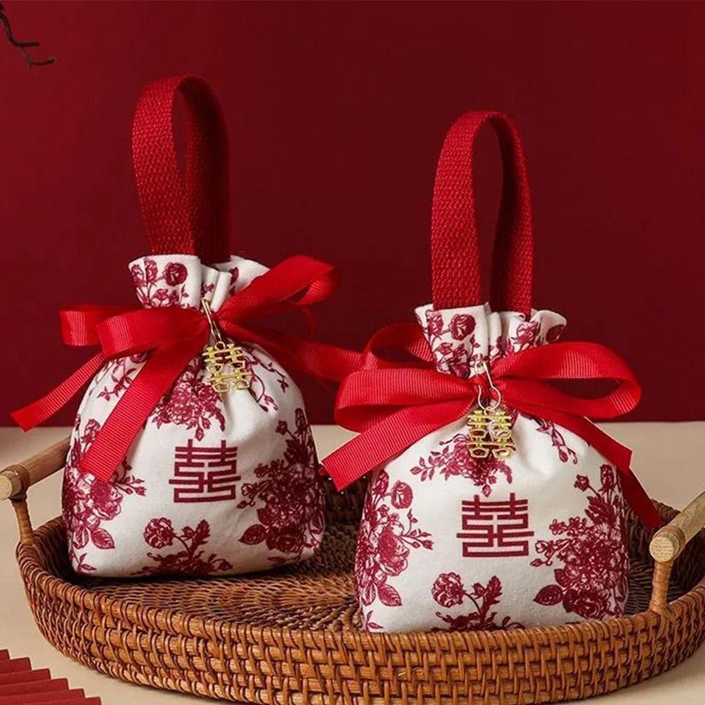 5pcs Chinese Style Drawstring Bag Flowers Gift Packing Bag Fashion Wrist Hand Bag Female/Girls