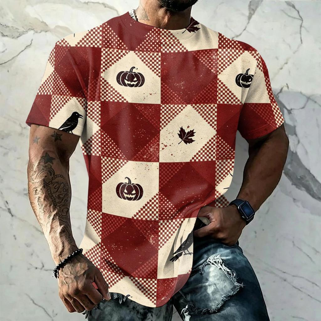Men's Halloween Vintage Short Sleeve T Shirt Loose Breathable Summer Sports Streetwear Casual Daily Top with Pumpkin and Bat Print