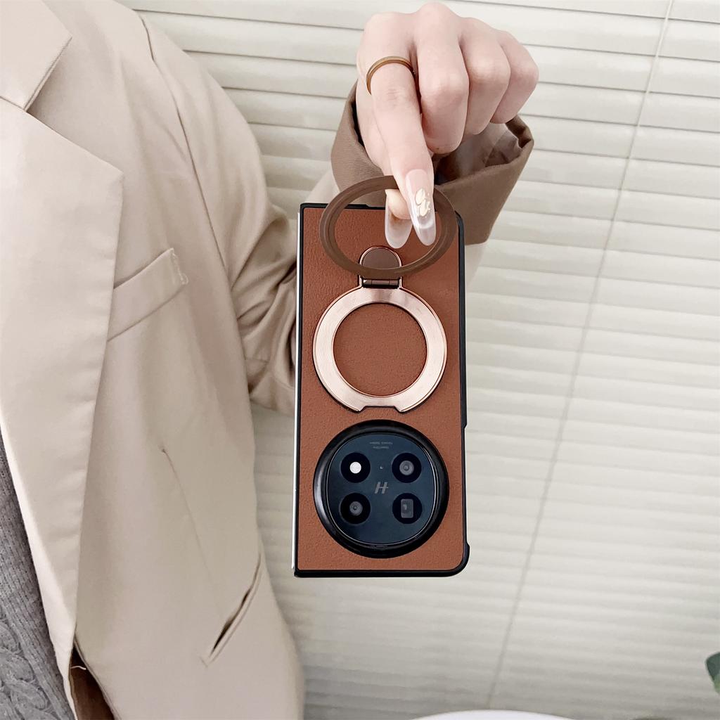 For Oppo Find N5 5G Case Electroplated Ring Kickstand PC + PU Leather Phone Protective Cover