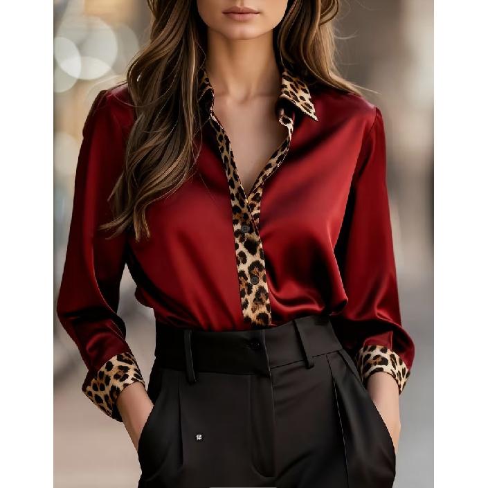 New Cross-Border Spring And Autumn Slim-Fit Long-Sleeve Leopard Print Round-Neck Satin Patchwork Shirt For Women