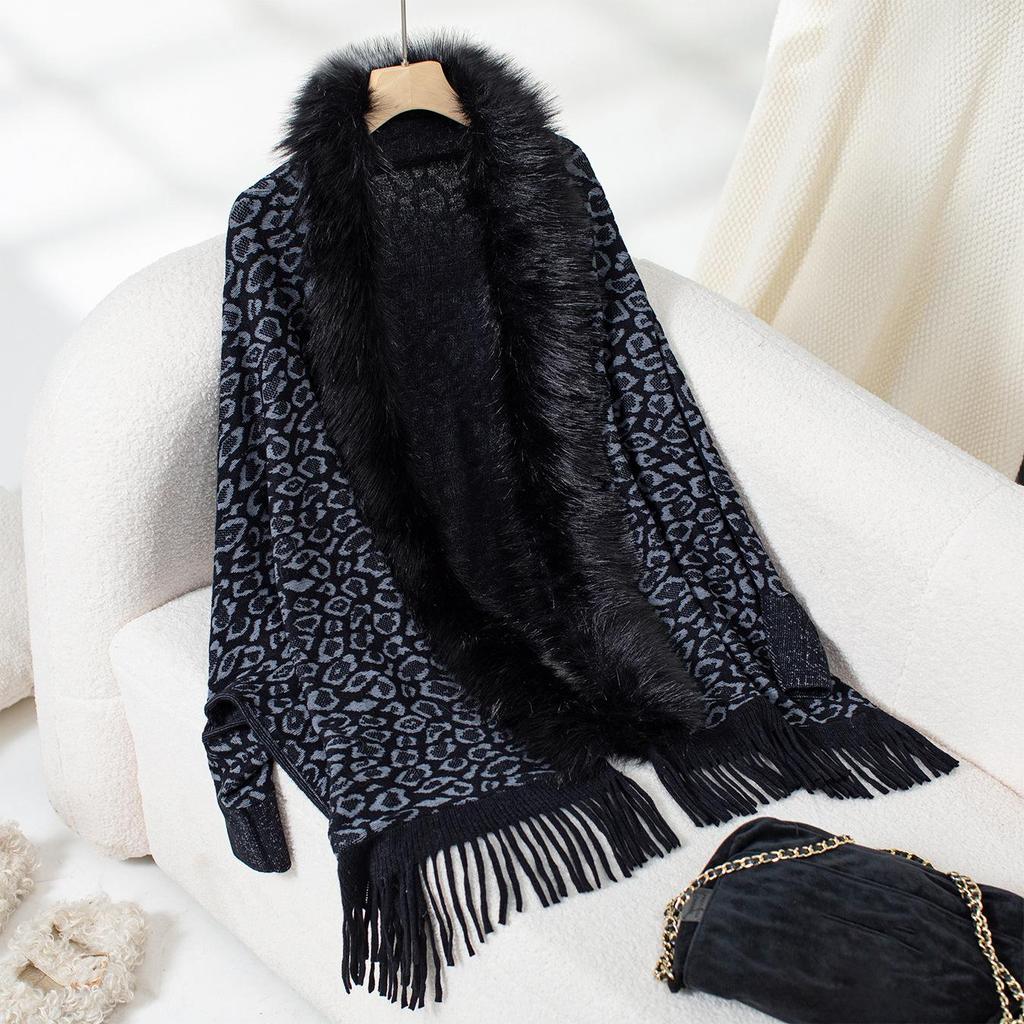 Leopard Print Fur Collar Knitted Cardigan: Autumn/Winter Batwing Sleeve Cape
