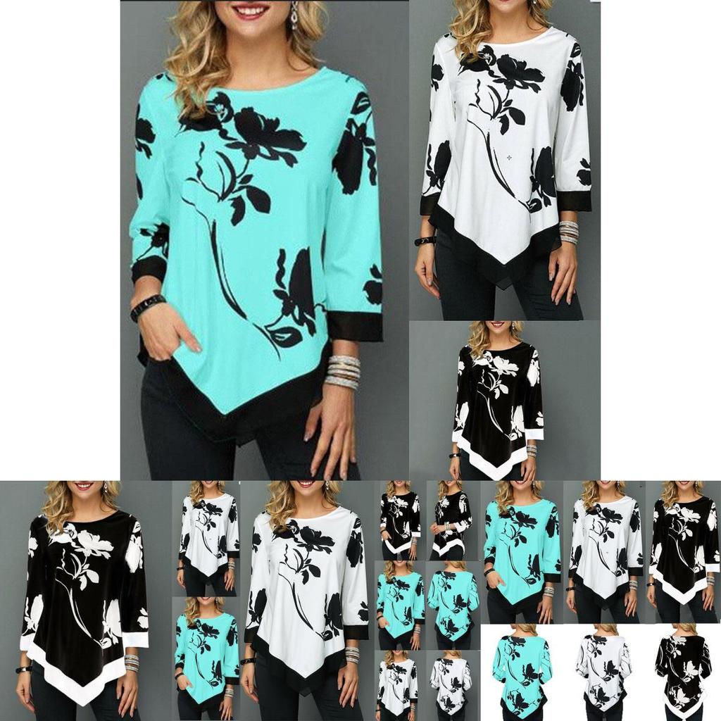 Elegant Women Irregular Floral Blouse Tee With Asymmetric Hem And Round Neck