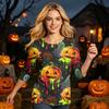 Women’s Casual Three Quarter Sleeve Crew Neck Top with Halloween Inspired Print and Relaxed Fit for Everyday Wear