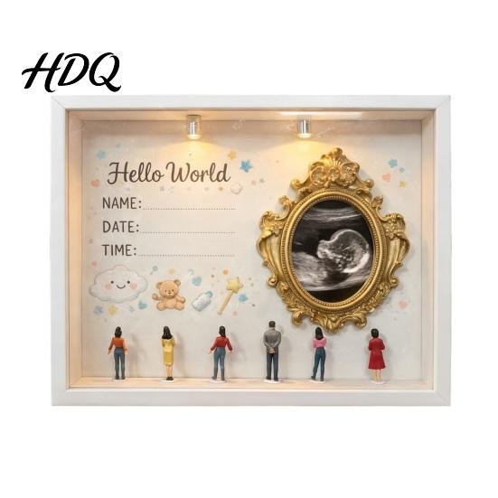Custom Family Memory Box DIY Mini Museum Silhouette with Light Photo Display Frame Kit Shadow Gift Gold Frames Figurines Keepsake for Baby Newborn