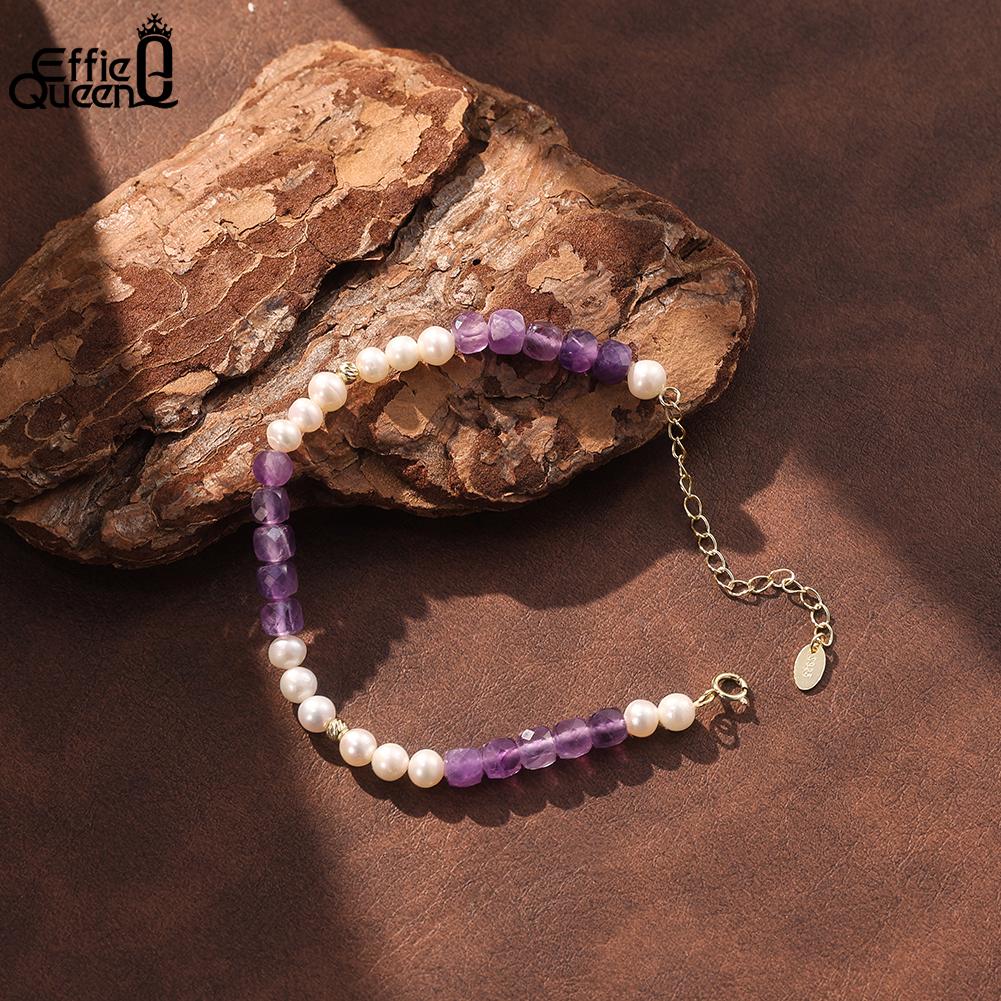 Effie Queen Purple Amethyst & White Freshwater Pearl Beaded Bracelet 925 Pure Silver Natural Amethyst Crystal Chain Hand MPB17