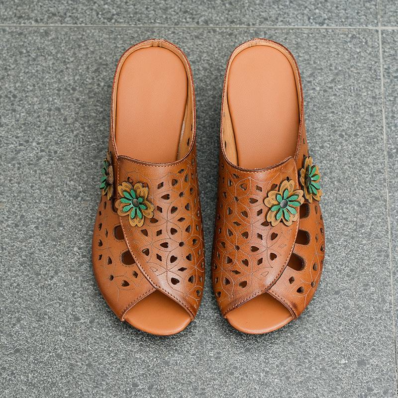 

Летняя женская обувь в этническом стиле с рисунком «рыбьего рта» из коровьей кожи, дышащие, на толстом каблуке 41 коричневый