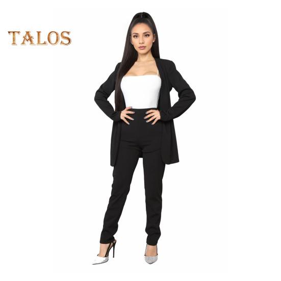 2 ks/sada Dámský formální kabát a kalhoty Dlouhý rukáv Slim střih Klopový kardigan Středně dlouhá bunda Kalhoty s vysokým pasem Formální obchodní Cestovní outfit