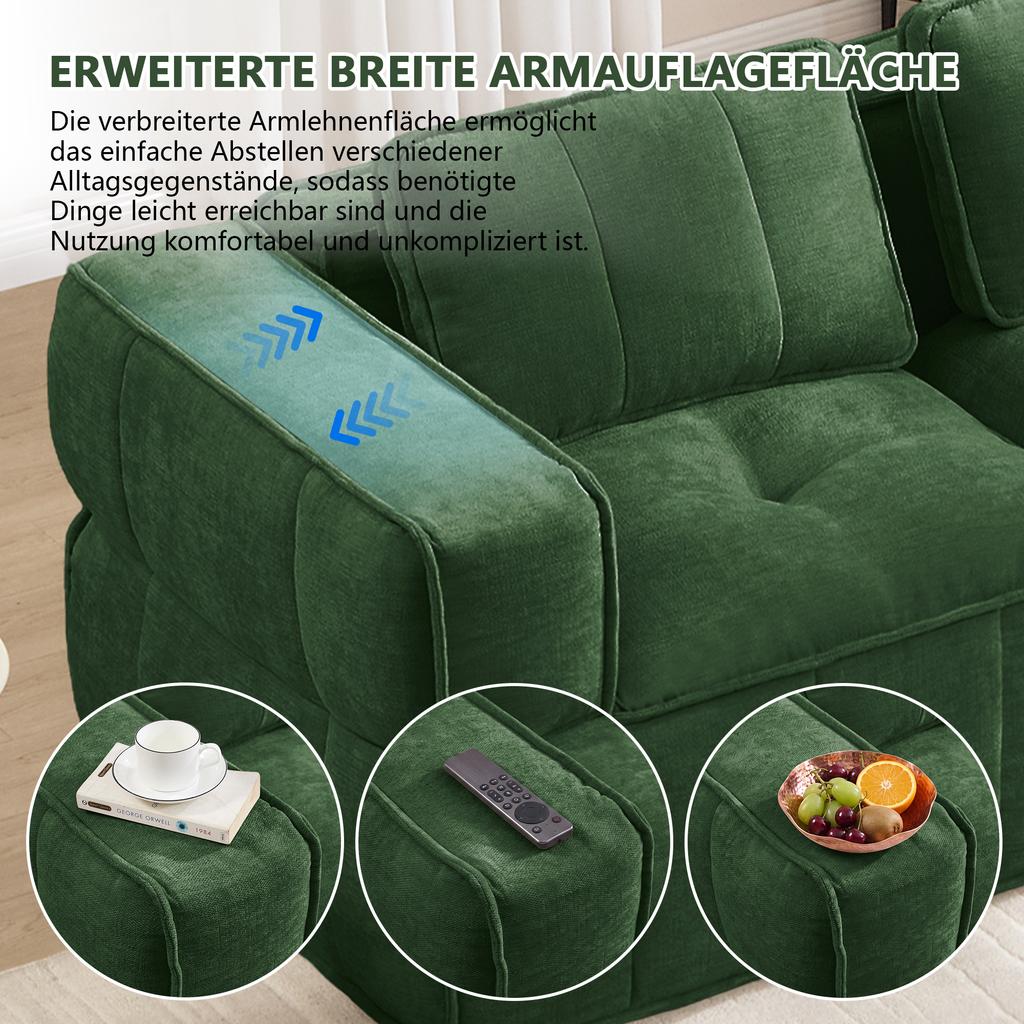 4-seater U-shaped sofa without frame with 2 ottomans, 32D high-density foam, fabric cover, non-slip, for living room, no assembly required, Green.