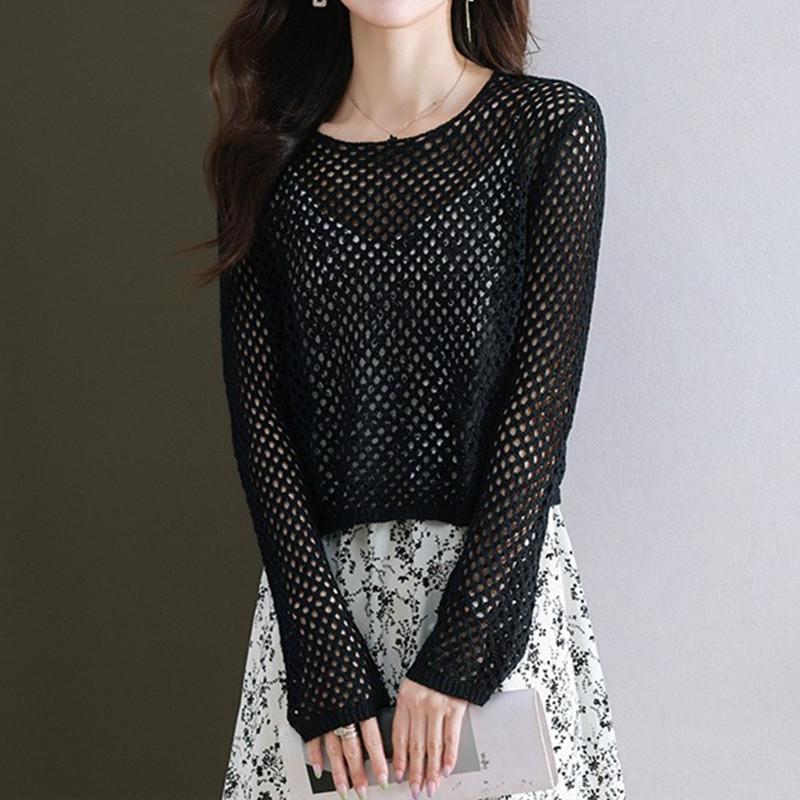 

Летний тонкий женский трикотажный топ-свитер из ледяного шелка, свободная повседневная ажурная маленькая футболка 3XL чёрный