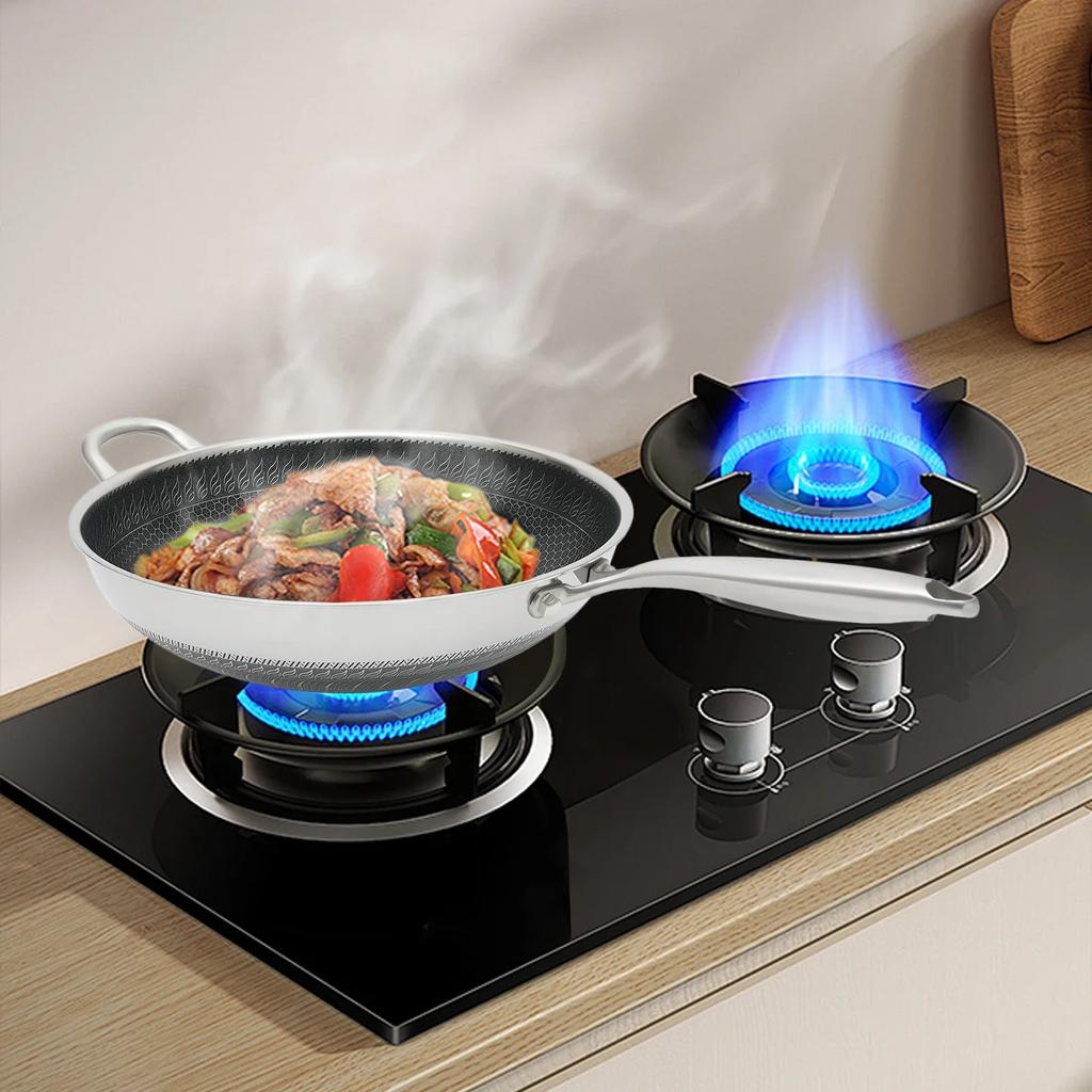 3.4-inch Stainless Steel Honeycomb Wok with Lid, Flat Bottom Frying Pan, Stir-Fry Pan, Suitable for Induction and Gas Stoves