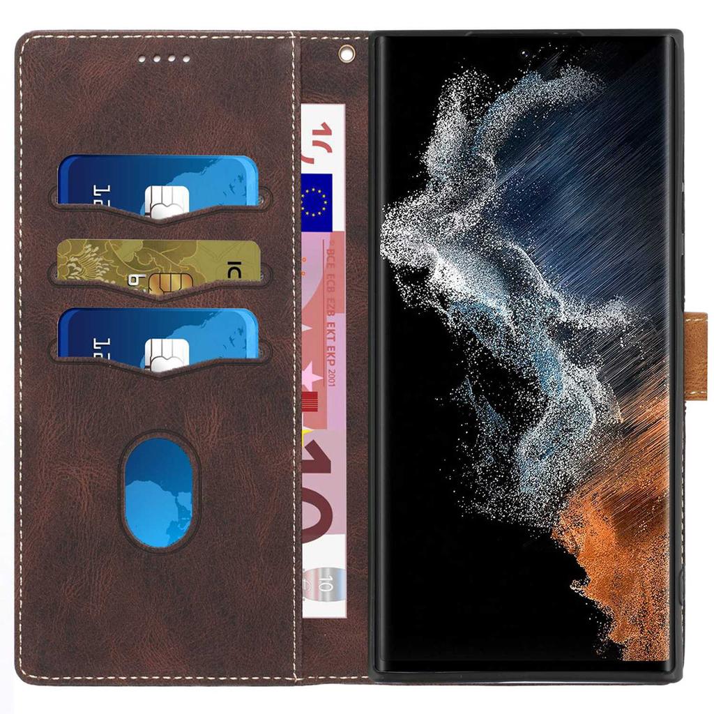 Phone Case for Samsung Galaxy S24 Ultra Grid Splicing Stand PU Leather Wallet Phone Cover with Strap