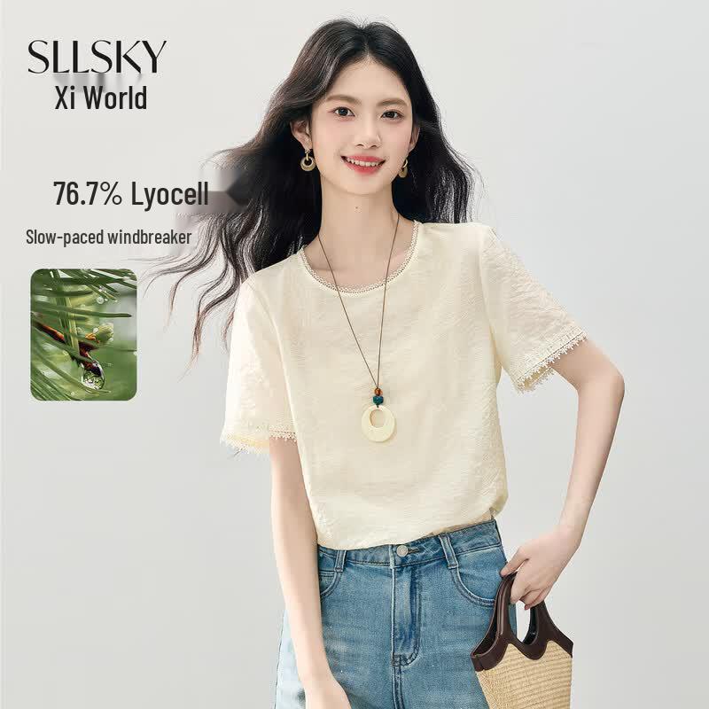 SLLSKY Women s Lyocell Tencel Lace Short-Sleeve Top XL