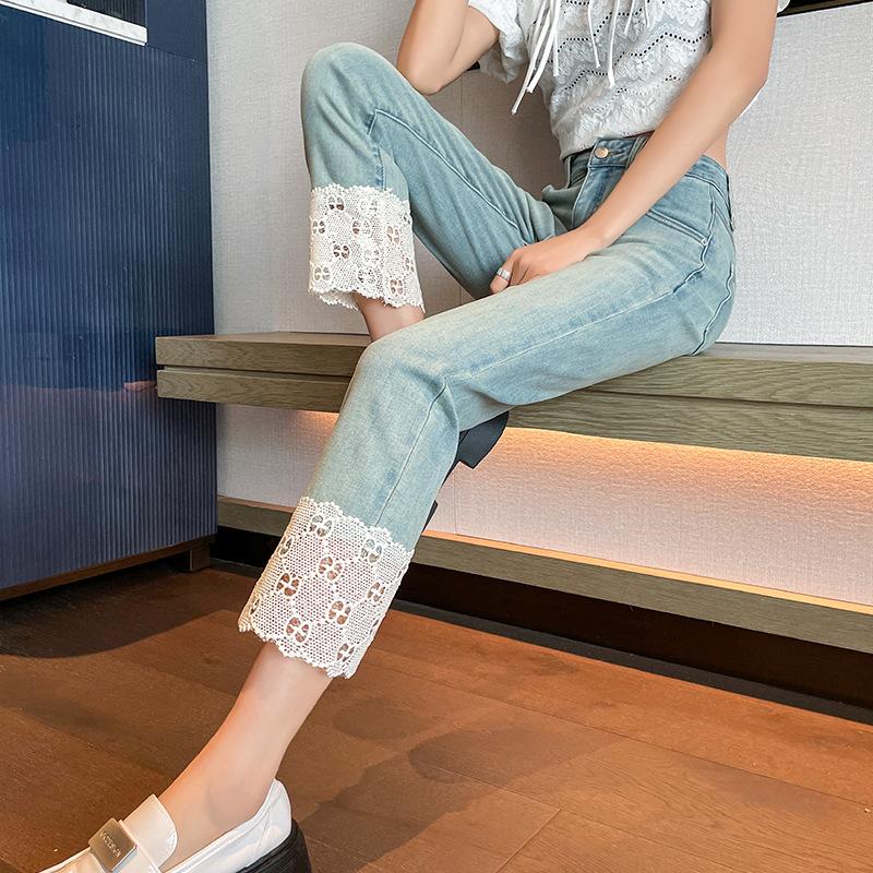 GMXIA Lace Splicing Straight Jeans Female Spring Retro High Waist Thin Small Nine Baguette Cigarette Trousers