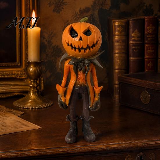 Collectible Pumpkin Statue Resin Man Ornament, Handcrafted Desktop Figurine, Creative Seasonal Tabletop Display Halloween Decoration Statues for Home