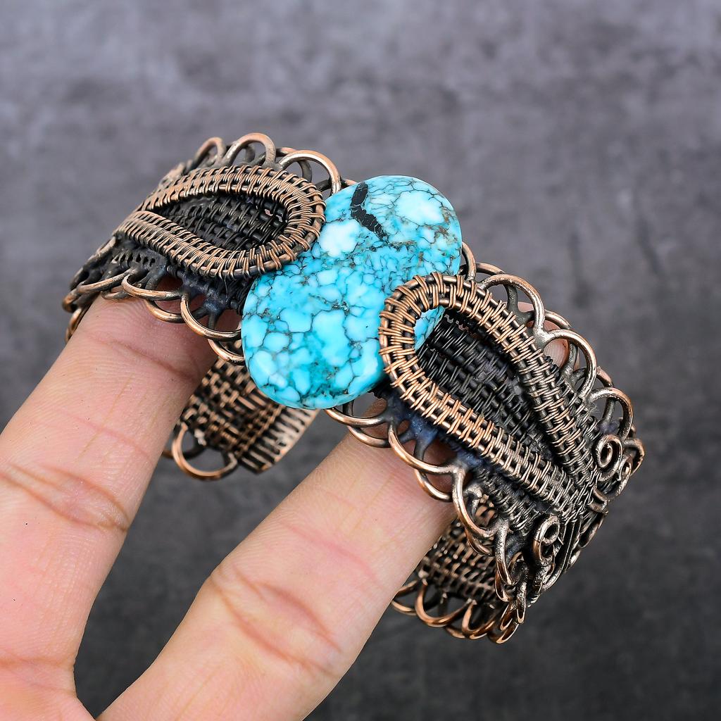 Tibetan Turquoise Handmade Copper Wire Wrap Cuff Bangle Adjustable Z1R96