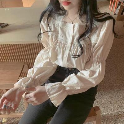 Damen Französisch Retro Quadratischer Ausschnitt Spitze Besatz Bluse mit Glockenärmeln - Frühling/Herbst