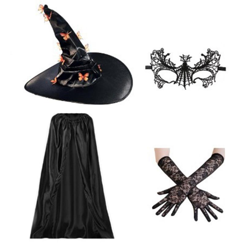 Witch Cosplay Costume Including Witch Cloak Witch Hat Eyemask and Gloves, for Girl Cosplay Party Carnivals Masquerade