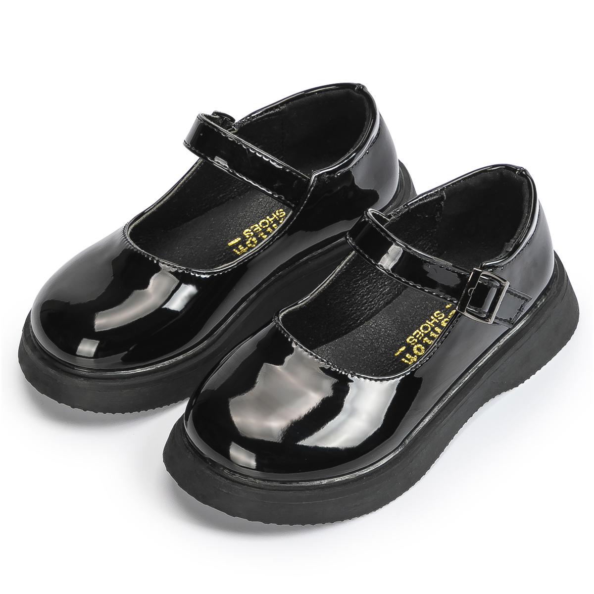 Girls Patent Leather Mary Jane Flats Toddler Little Kids Single Buckle Thick Sole School Uniform Dress Shoes 26