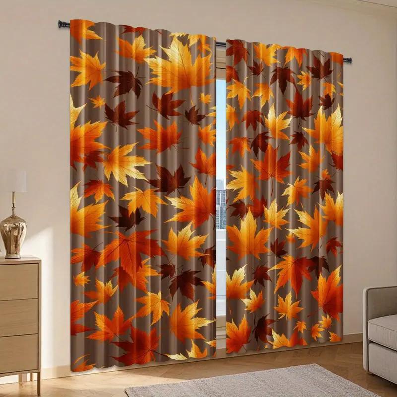 Set Of 2 Vibrant Autumn Leaf Printed Curtains Designed Quality Material Ideal Fall Themed Home Window Dec Curtain Sheer Polyester