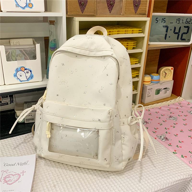 Cute Starry Print Backpack for Women, Lightweight School Bag with Front Mesh Pocket and Side Pockets