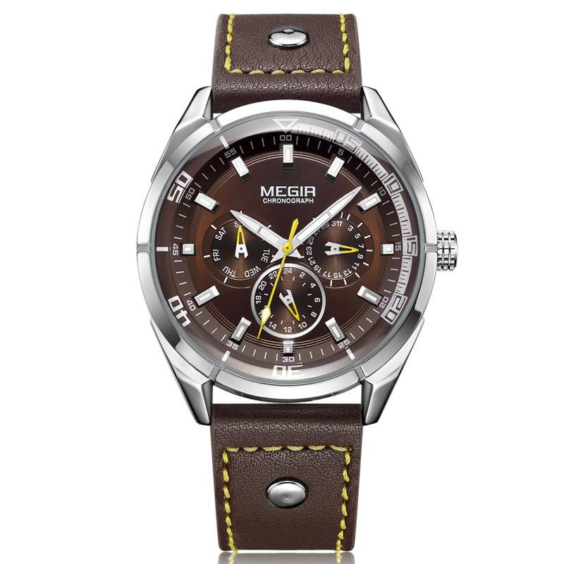 Genuine Calendar Watch, Week Leather Men'S Watch Large Dial Quartz Watch 2072