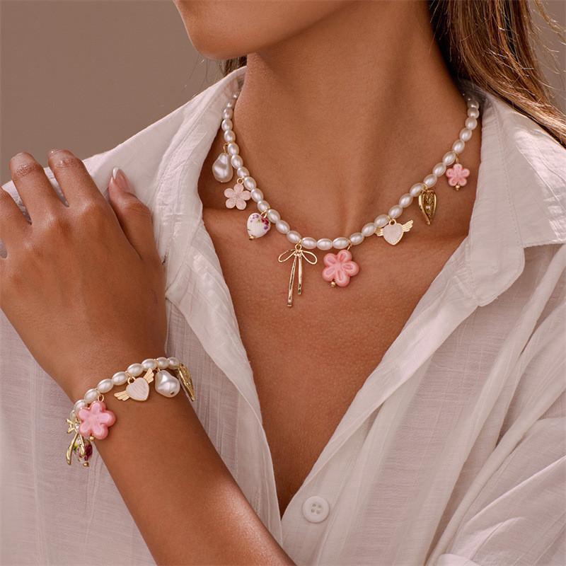 Geometric Heart Pendant Necklace And Bracelet Set For Women With Pearl And Alloy Jewelry