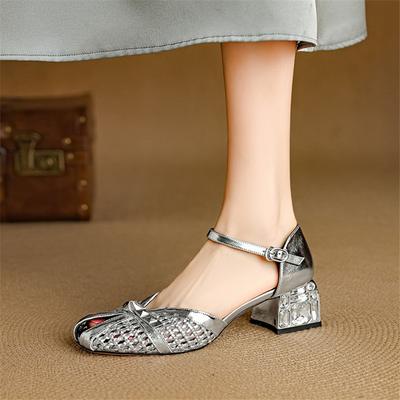 Fashion New Summer Sandals Split Leather Round Toe Sandals for Women Fashion Rivet Fish Mouth Sandals Ladies Shoes Women High Heels