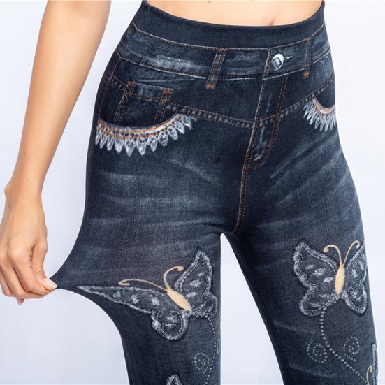 Fake Jeans Butterfly Print Stretchy Women Ankle Length Butt Lift Trousers for Dating