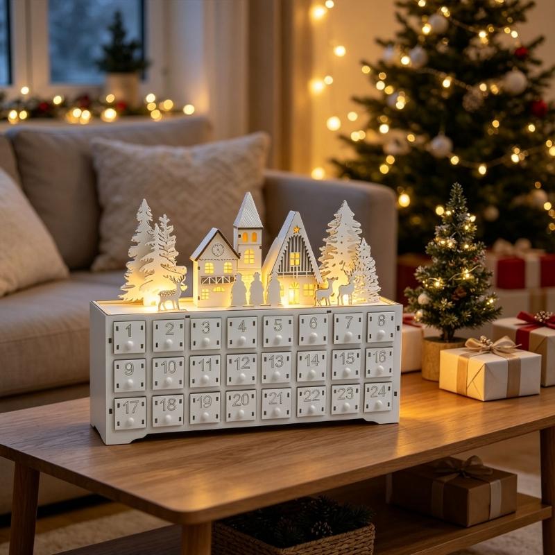 Freestanding Wooden Advent Calendar, 24 Numbered Drawers with Christmas Village Artwork for Shelf Counter Cabinet Display and Daily Opening