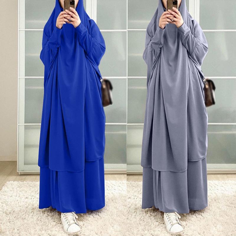 Large Hem Solid Color Robe Dress Hood Set Muslim National Costume