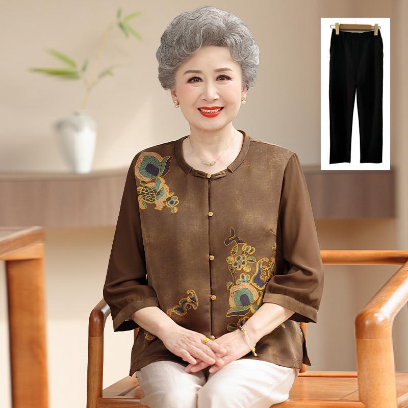 Chinese-Style Summer Shirt for Elderly Women - Grandma's Festive National Design for Spring, Birthday, or Wedding.