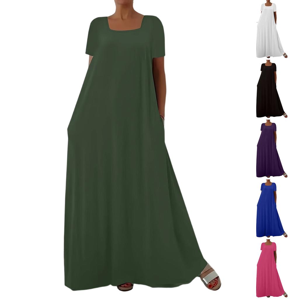 Women's Loose Fit Short Sleeve Square Neck Dress Plus Size Color Casual Summer Wear