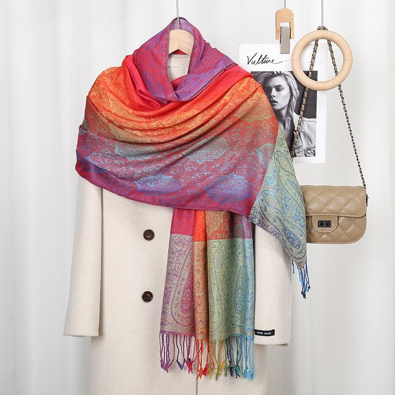 Hot-selling popular colored cashew fringed shawl women's gradual change embroidered scarf