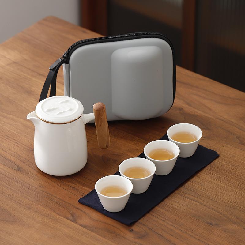 Suet Jade Porcelain Portable Travel Tea Set Small Set, One Pot Four Cups Brewing Teapot Tea Cup Kuaike Cup Kung Fu Tea Set