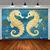 2D Vintage Nautical Seahorse Backdrop 2D Flat Print Blue Ocean Starfish Background