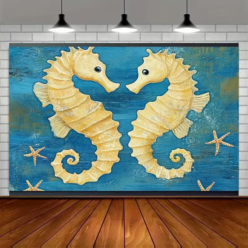 2D Vintage Nautical Seahorse Backdrop 2D Flat Print Blue Ocean Starfish Background