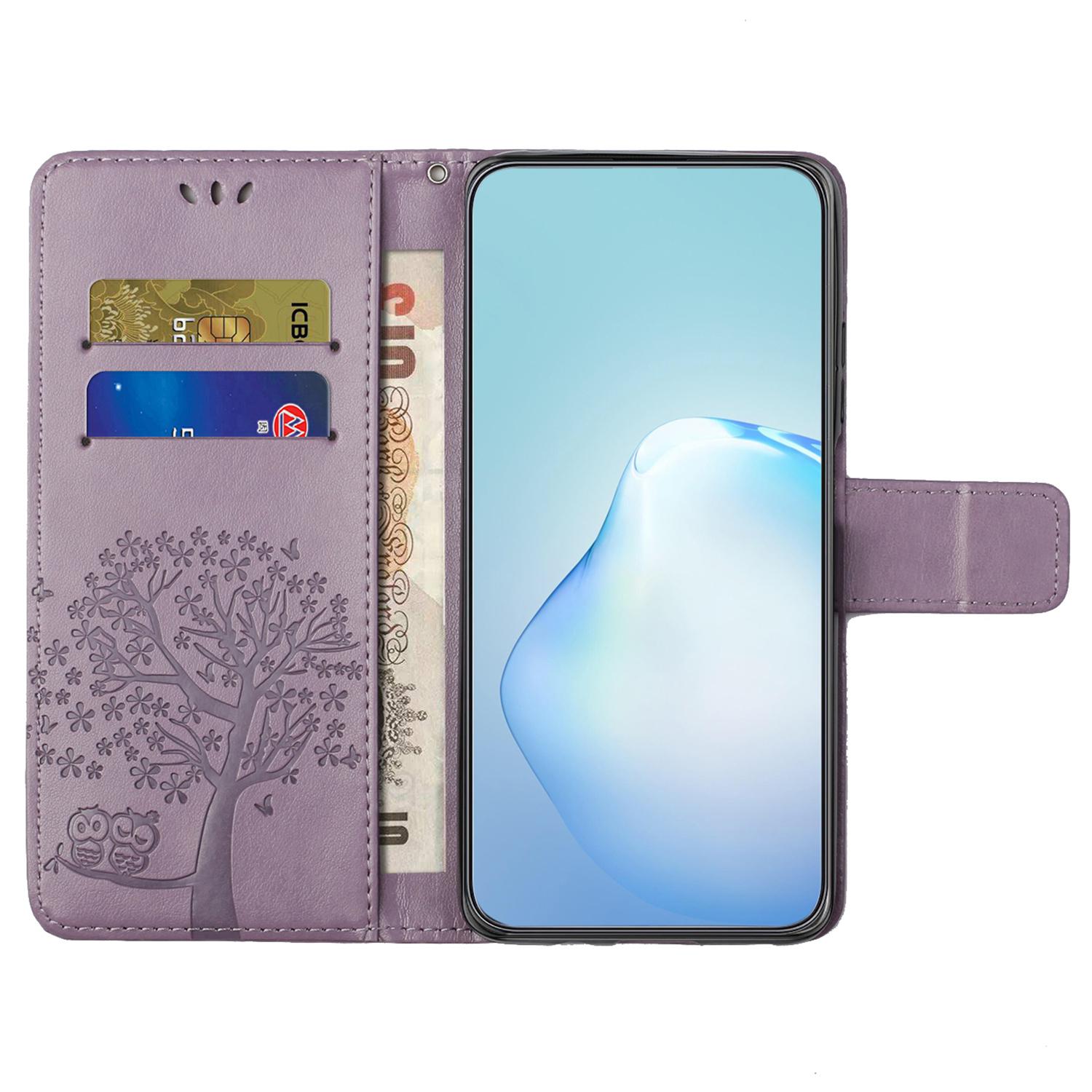 

For Nokia C32/C22 Supporting Stand Wallet Case PU Leather Imprinted Owl Tree Pattern Phone Cover Purple