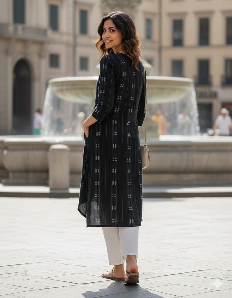 Damen Designer Schwarzes Baumwoll-Kurti-Hosen-Set Indisch Bollywood Oberteil Tunika Kurta Salwar-Anzug