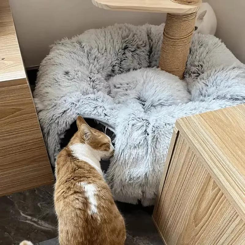 Indoor Plush Cat Bed With Tunnel For Cats Multifunctional Cat Tunnel Bed With Peephole Fluffy Donut Cat Bed With Tunnel