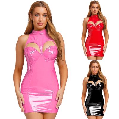 S-3XL Γυναικείο Bodycon Φόρεμα από PU με Υγρή Όψη: Μίνι αμάνικο με ψηλό λαιμό, με ενίσχυση push-up και κοψίματα, για Κλαμπ & Raves