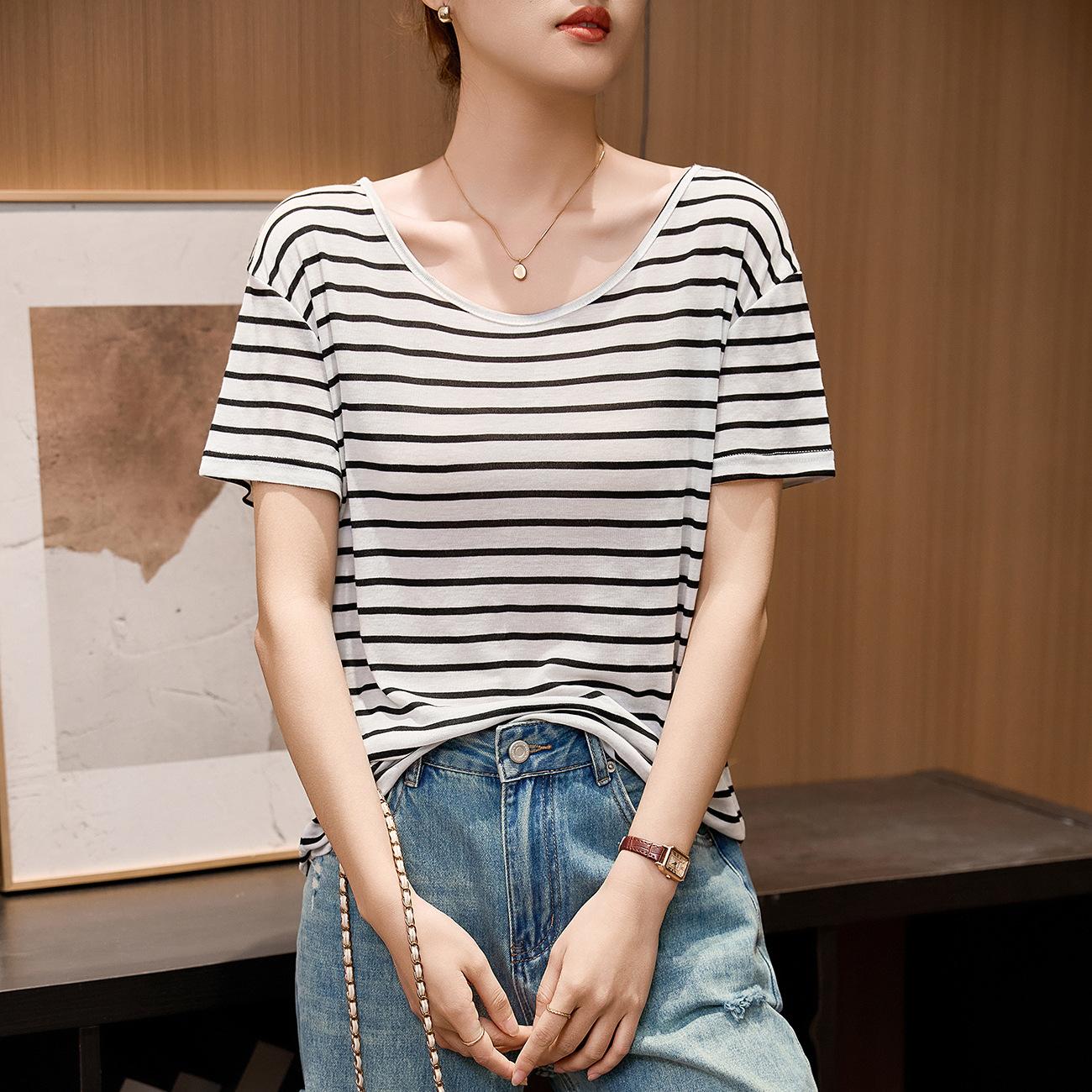 

Футболка Tennis Wool Nude Feeling Fried, тонкая, приятная на ощупь и прохладная, свободная, для женщин, летняя, с короткими рукавами, в черно-белую полоску, для улицы One size