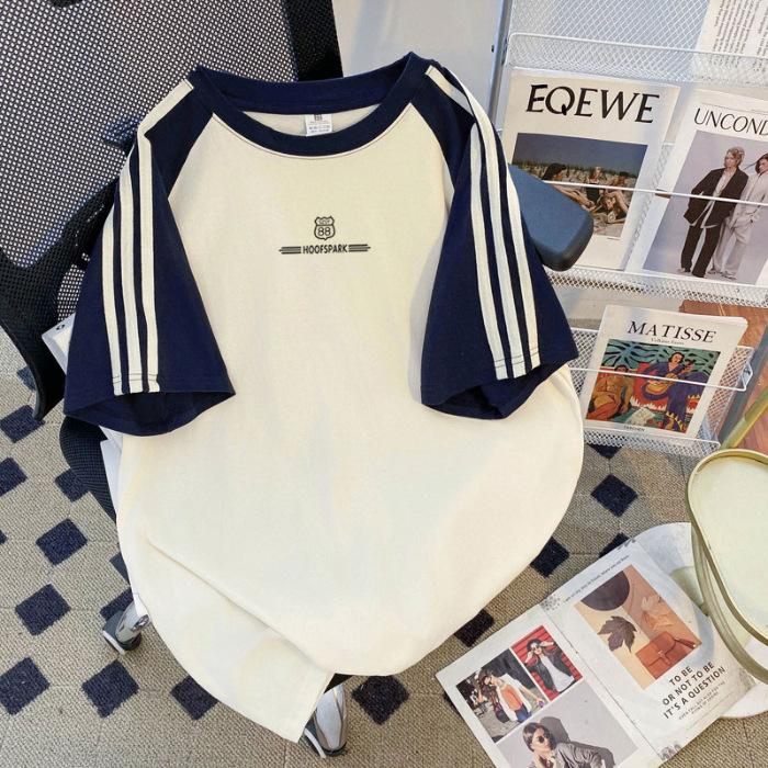 

Женские модные повседневные летние весенние блузки и рубашки с круглым вырезом и короткими рукавами с полосатым принтом M абрикосовый