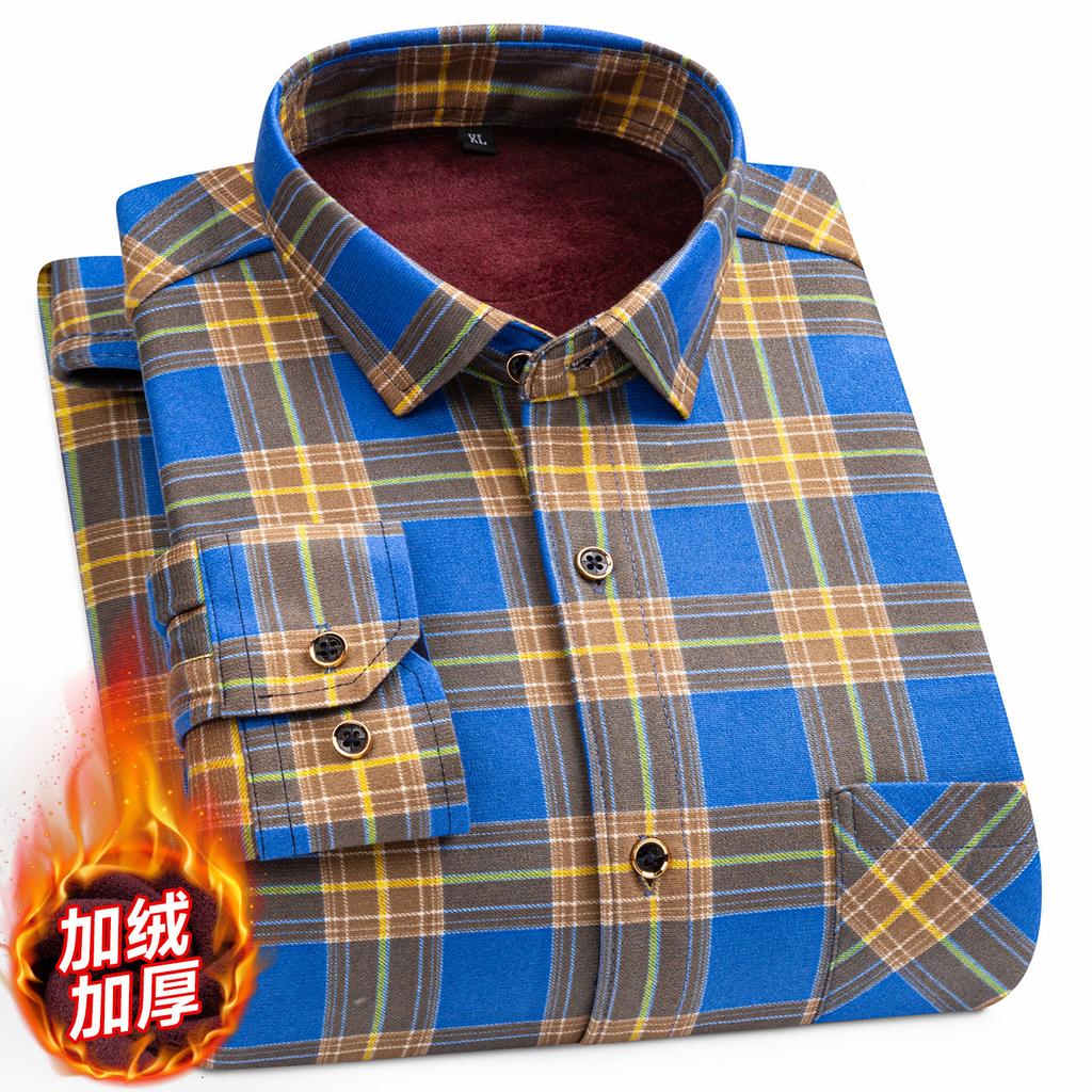 2026 Autumn Winter Men's Fashion Plaid Striped Print Shirts Double-sided Fleece Long Sleeve Thick Warm Shirts Soft Big Size 7XL