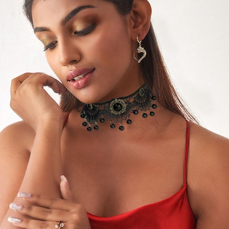 Gothic Lace Floral Choker for Women Choker Handmade Collar with Dangling Beads Adjustable for Bachelorette Party Wedding