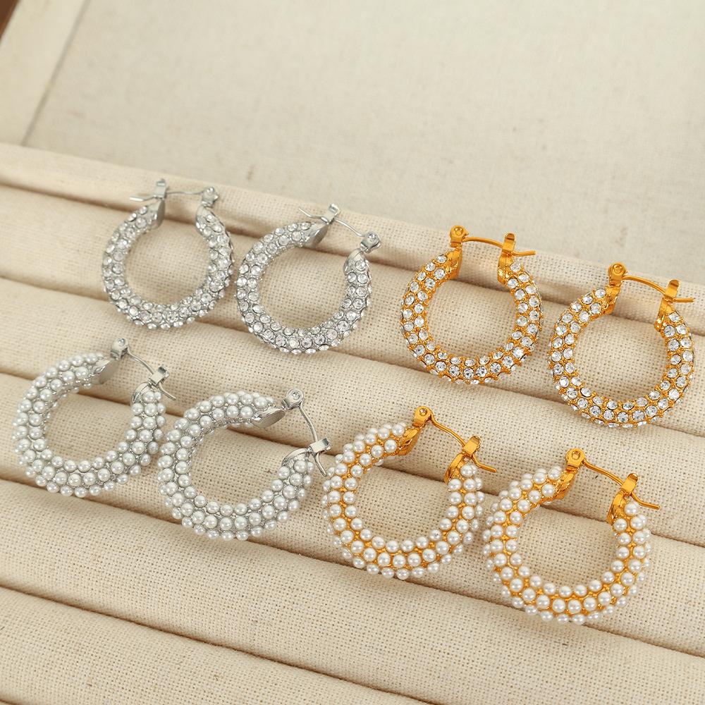 Hot Sale Full of Pearl Rhinestone Earrings Stainless Steel Earrings Versatile Jewelry Women