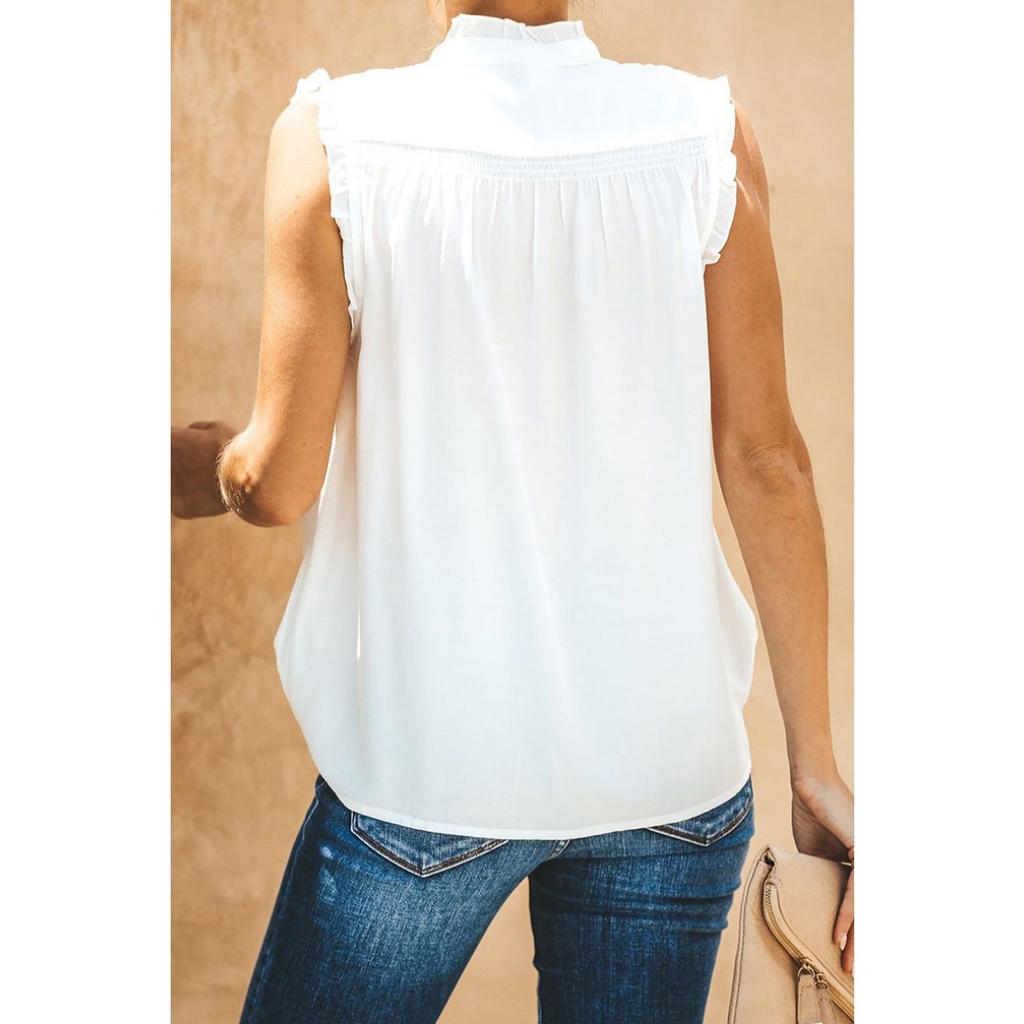 Women's Casual Loose Sleeveless High Neck Button Ruffle Tank Top, Plain Solid Color Versatile Blouse For Europe America, Spring Summer Daily Wear
