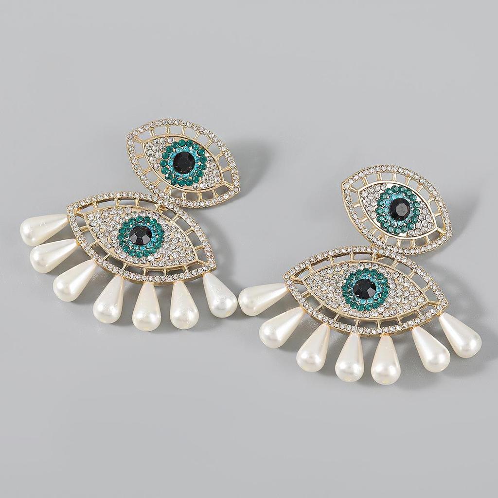 Retro European & American Fashion Devil Eye Rhinestone Pearl Earrings