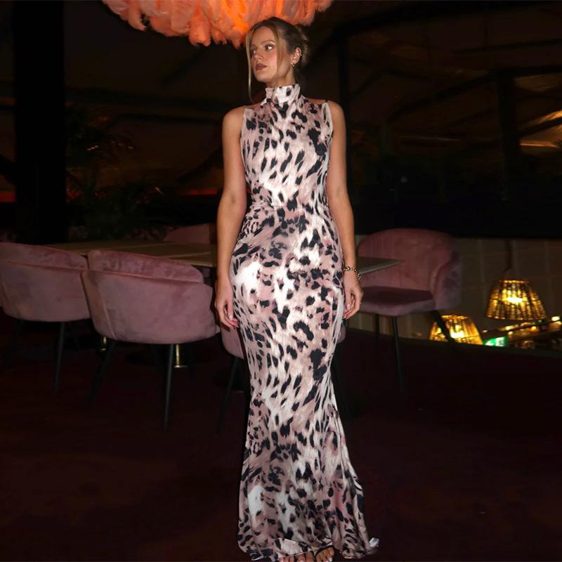 Autumn Dress Women's Elegance Slim Leopard Print High Neck Halter Dress