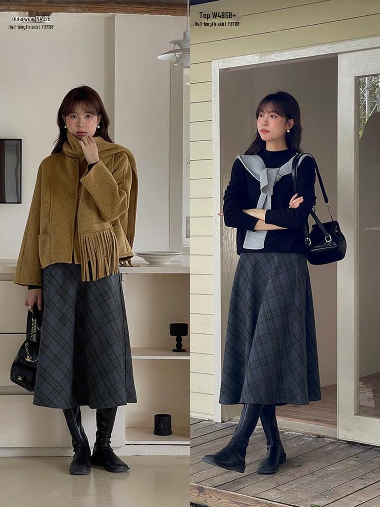 Ge Ming French Retro High-Waisted Diamond Pattern Women's Winter A-line Skirt Y3718F